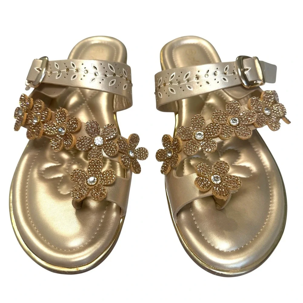 Womens Flower Rhinestones Thong Sandals Sz 8 Gold Summer Coquette Beach Vacation